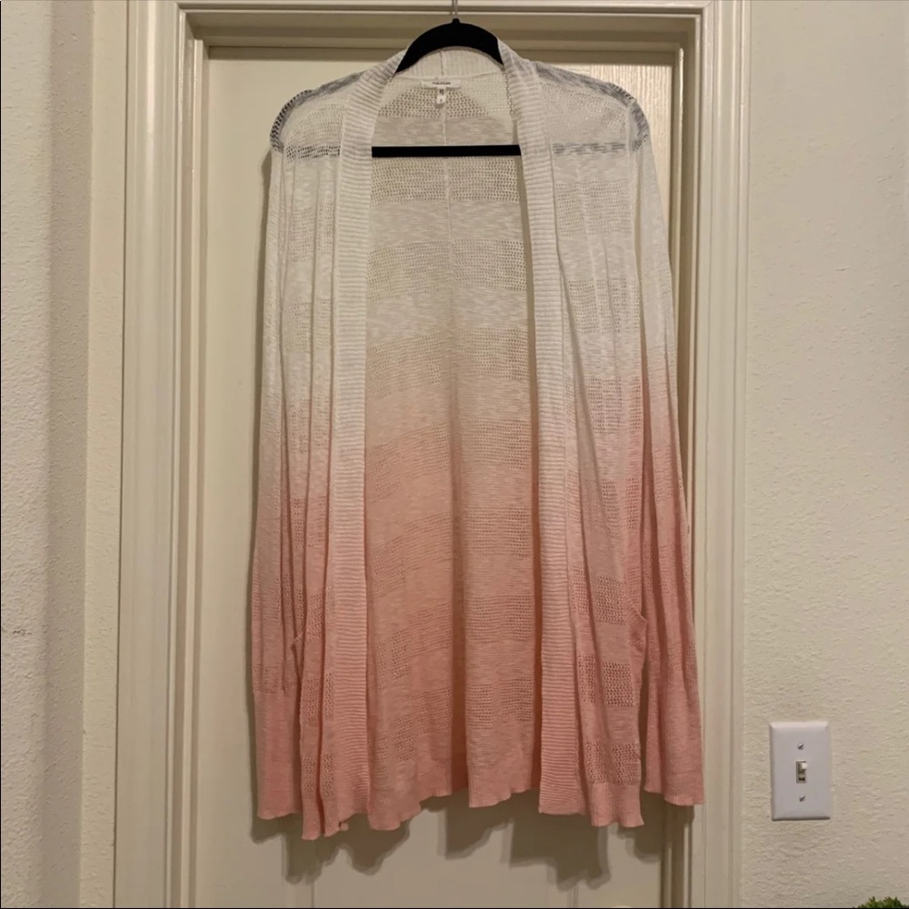 Light weight peach and white open front  cardigan